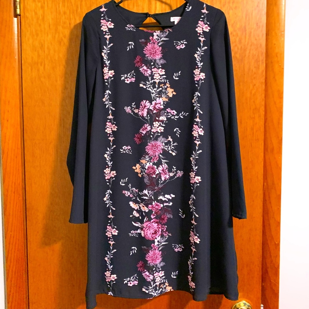 Navy Blue Purple Floral Long-Sleeved Shift Dress M